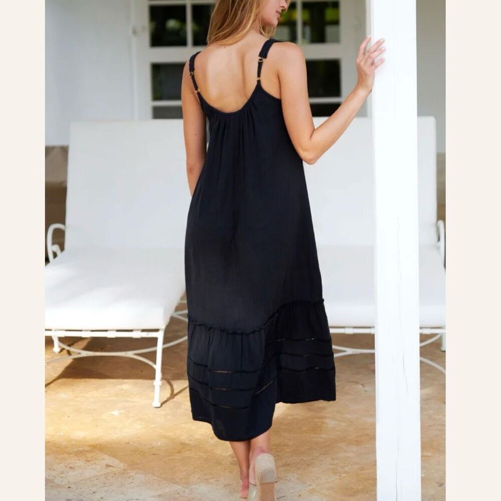 ASPIGA | Frankie Midi Dress Organic Cotton Black Ruffle Strap Gold | Size Large - Picture 4 of 13